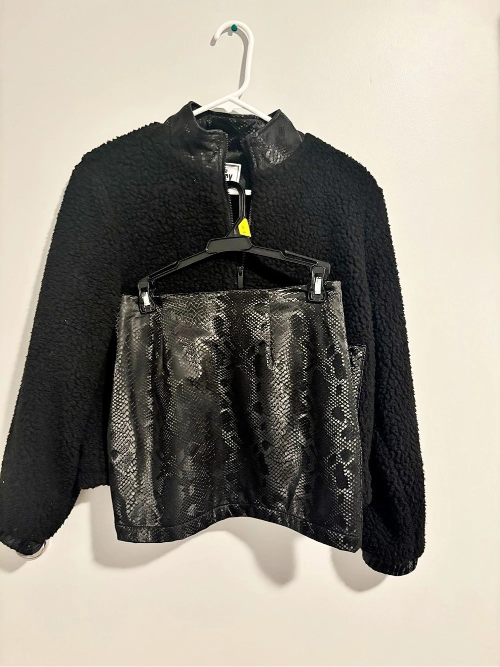 Juicy Couture Black Teddy Jacket with Snake-Print Pockets and Mini Skirt
